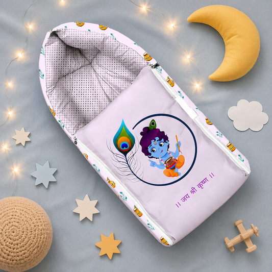 Off-White and Lavender Cotton Baby Sleeping Bag with Hood and Zip
