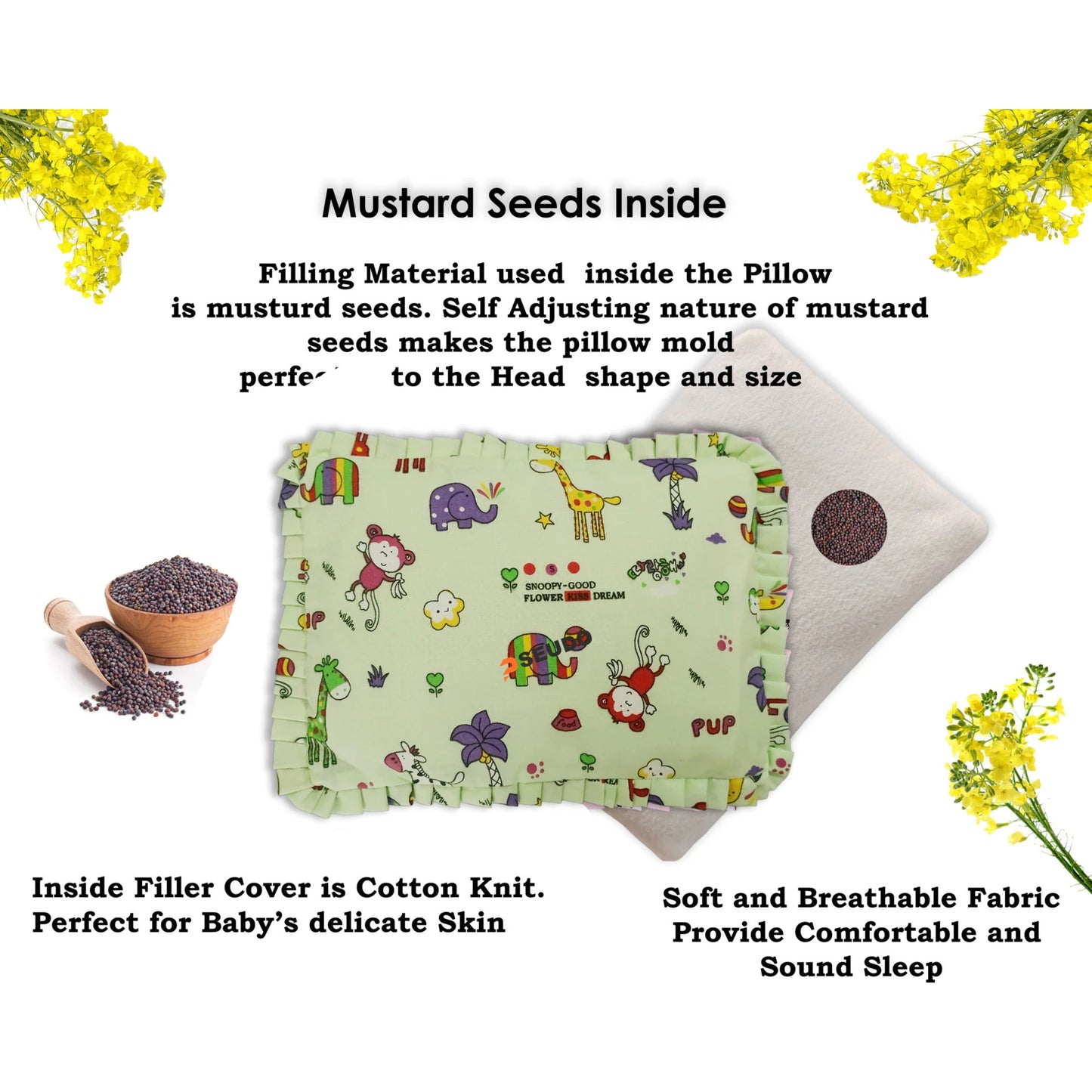 Sage Green Jungle Animal Print Cotton Mustard Seed Baby Pillow with Ruffled Border