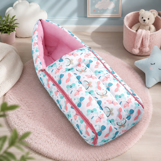 Light Blue and Pink Coral Baby Sleeping Bag with Hood  and Zip