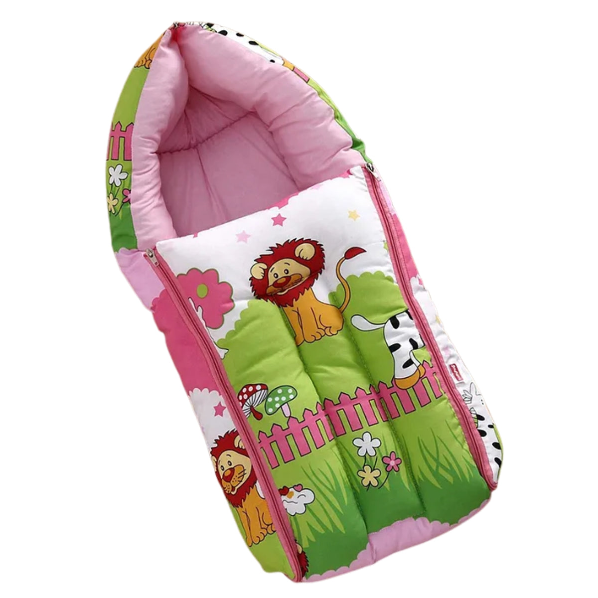 Pink and Green Cotton Baby Sleeping Bag with Hood and Zip