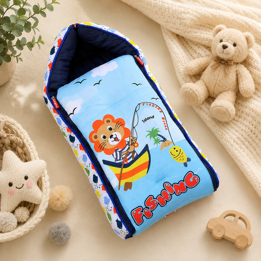 Light Blue Fish Cotton Baby Sleeping Bag with Hood and Zip