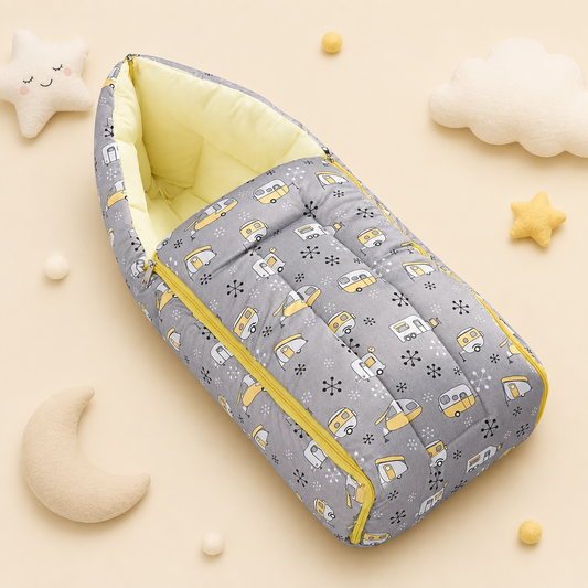 Grey and Pale Yellow Baby Sleeping Bag with Hood  and Zip