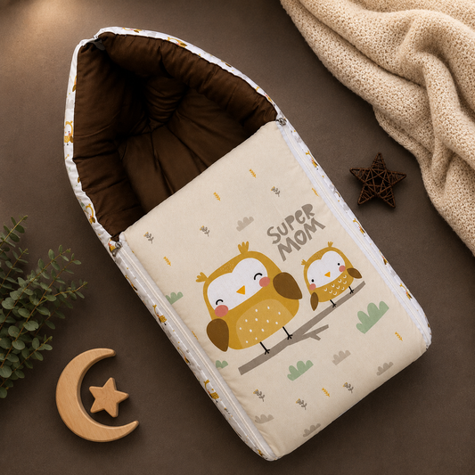 White and Olive Green Baby Sleeping Bag with Hood  and Zip