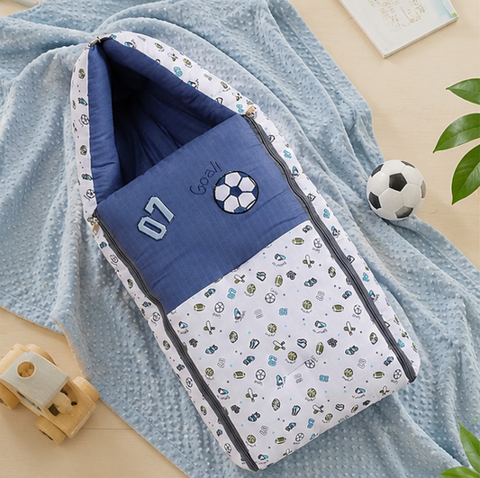 Blue and White Baby Sleeping Bag with Hood  and Zip