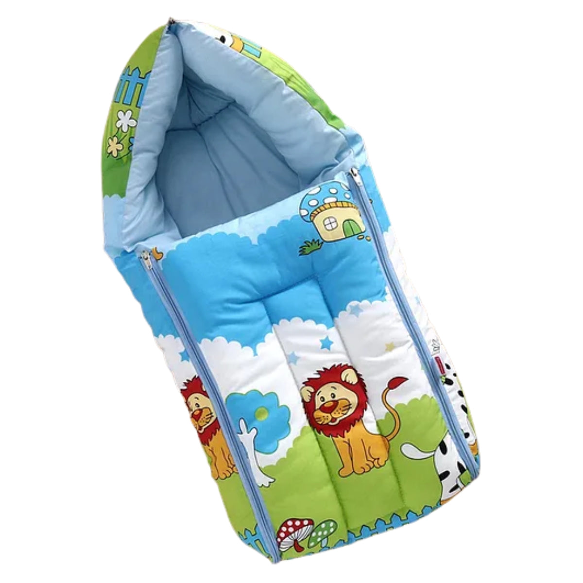 Blue and Green Cotton Baby Sleeping Bag with Hood and Zip