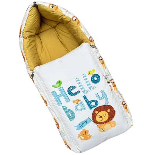 White and Mustard Yellow Cotton Baby Sleeping Bag with Hood and Zip
