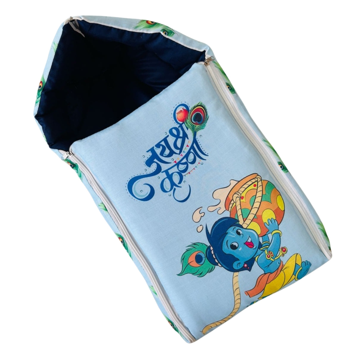 Light Blue and Navy Blue Cotton Baby Sleeping Bag with Hood and Zip