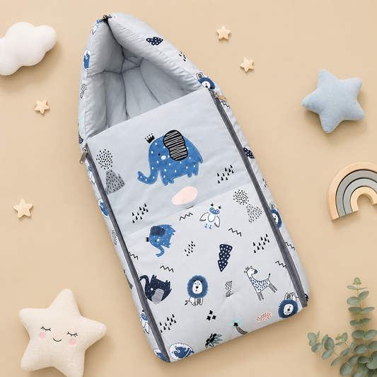 Light Blue-Grey Cotton Baby Sleeping Bag with Hood  and Zip
