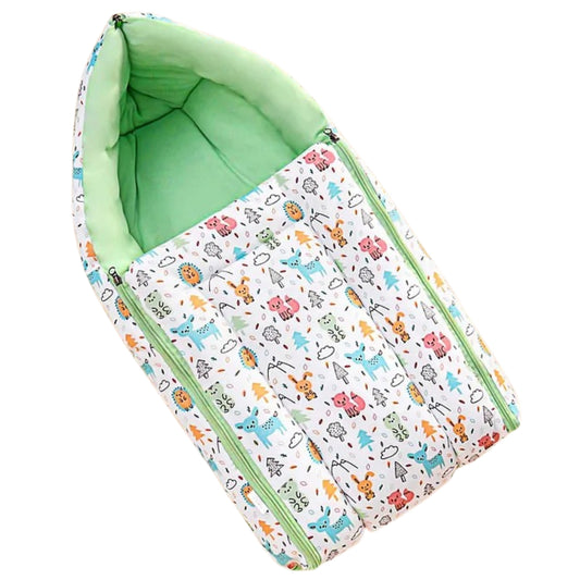 White and Green Cotton Baby Sleeping Bag with Hood  and Zip