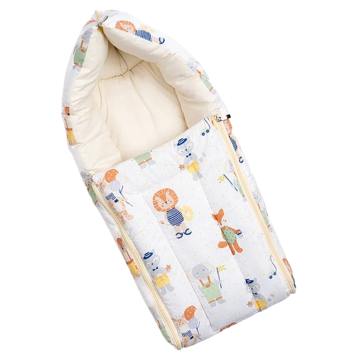 White and Cream Cotton Baby Sleeping Bag with Hood  and Zip