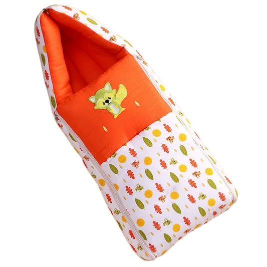 White and Orange Cotton Baby Sleeping Bag with Hood and Zip