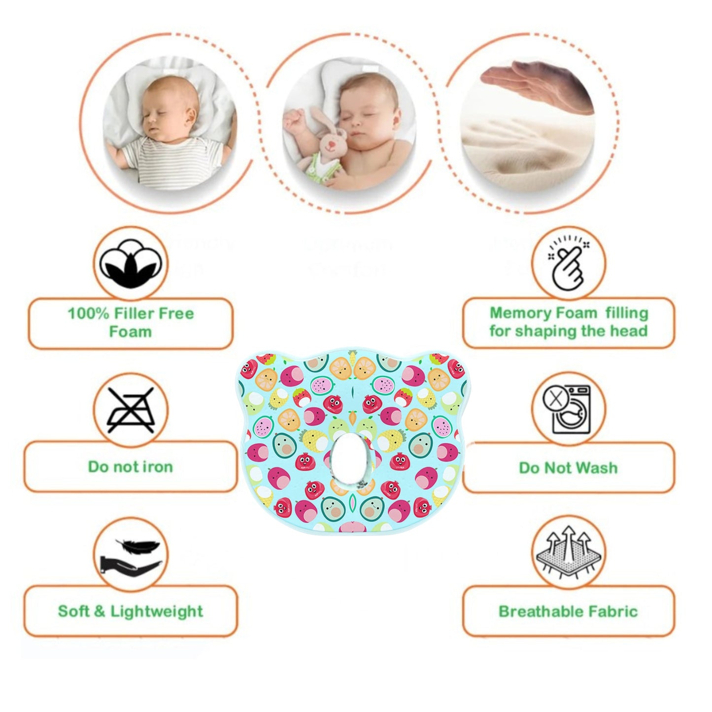 Sky Blue Happy Fruit Garden Memory Foam Cotton Baby Pillow