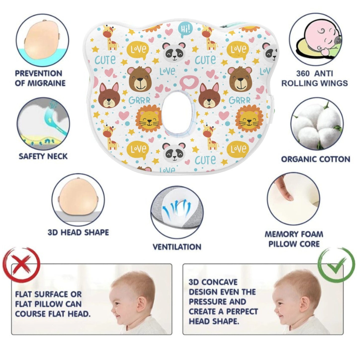 White Jungle Safari Memory Foam Cotton Baby Pillow