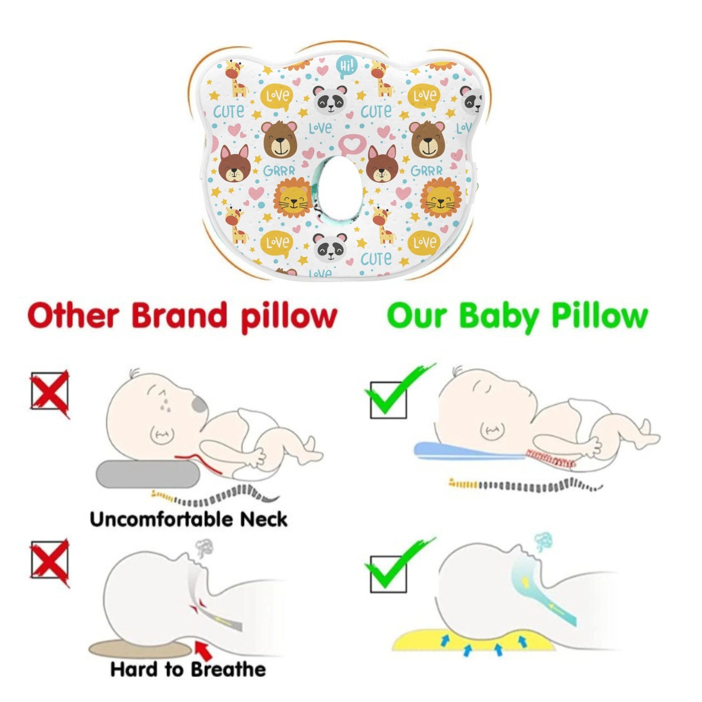 White Jungle Safari Memory Foam Cotton Baby Pillow