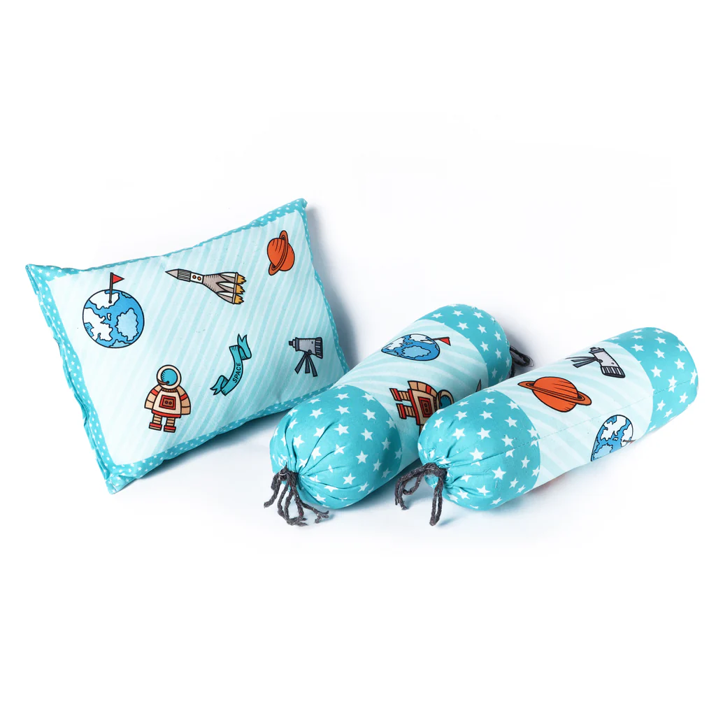 Aqua Blue and Light Blue Cotton Baby Bedding Set with Pillow and Bolsters