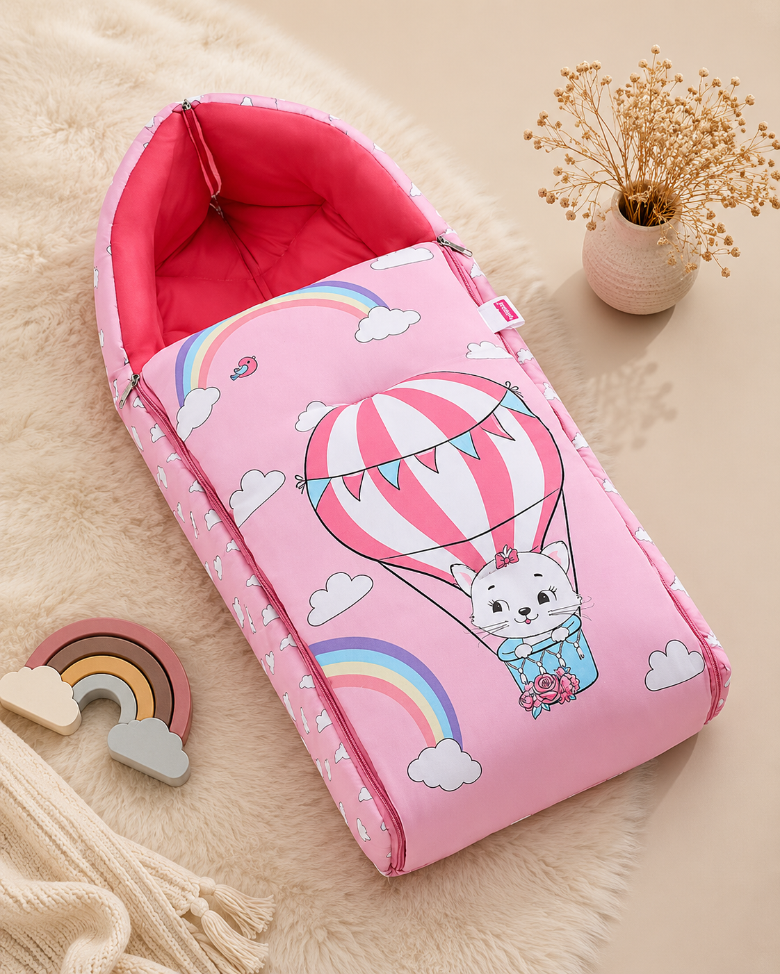 Pink Rainbow Cat Print Soft Padded Baby Sleeping Carry Nest
