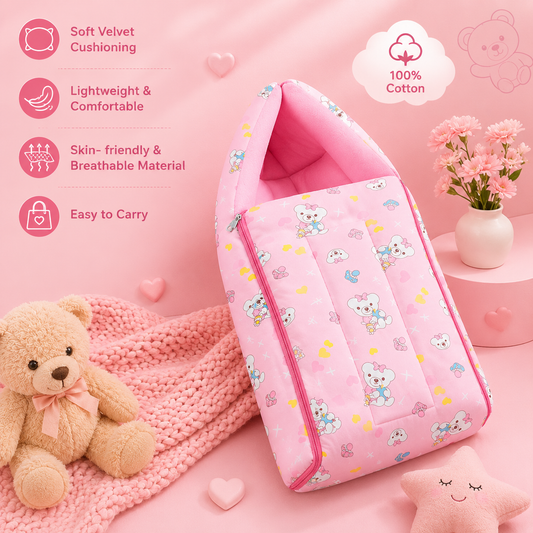 Pink and Dark Pink Cotton Baby Sleeping Bag with Hood and Zip
