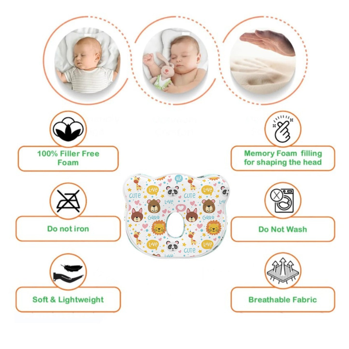 White Jungle Safari Memory Foam Cotton Baby Pillow