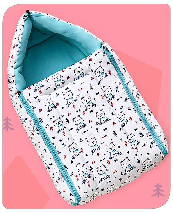 White and Teal Baby Sleeping Bag with Hood  and Zip