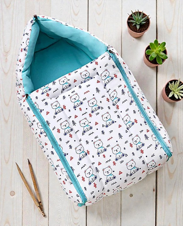 White and Teal Baby Sleeping Bag with Hood  and Zip
