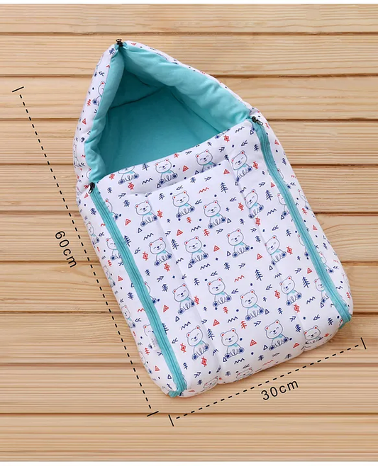 White and Teal Baby Sleeping Bag with Hood  and Zip