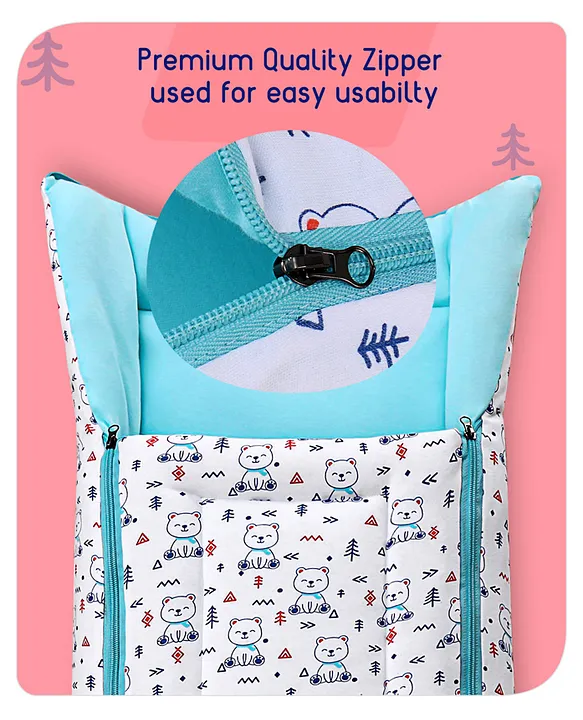 White and Teal Baby Sleeping Bag with Hood  and Zip