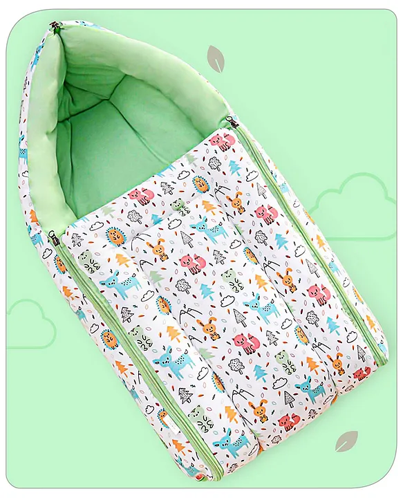 White and Green Cotton Baby Sleeping Bag with Hood  and Zip