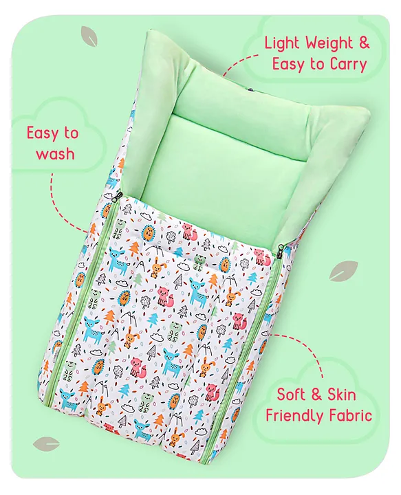 White and Green Cotton Baby Sleeping Bag with Hood  and Zip