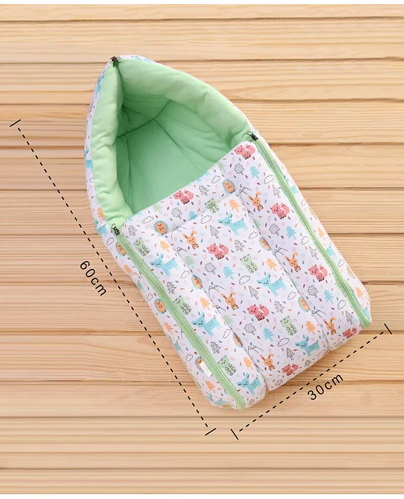 White and Green Cotton Baby Sleeping Bag with Hood  and Zip