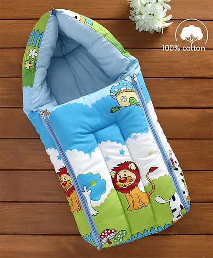 Blue and Green Cotton Baby Sleeping Bag with Hood and Zip