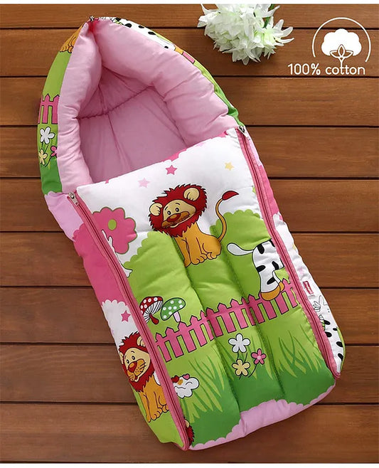 Pink and Green Cotton Baby Sleeping Bag with Hood and Zip