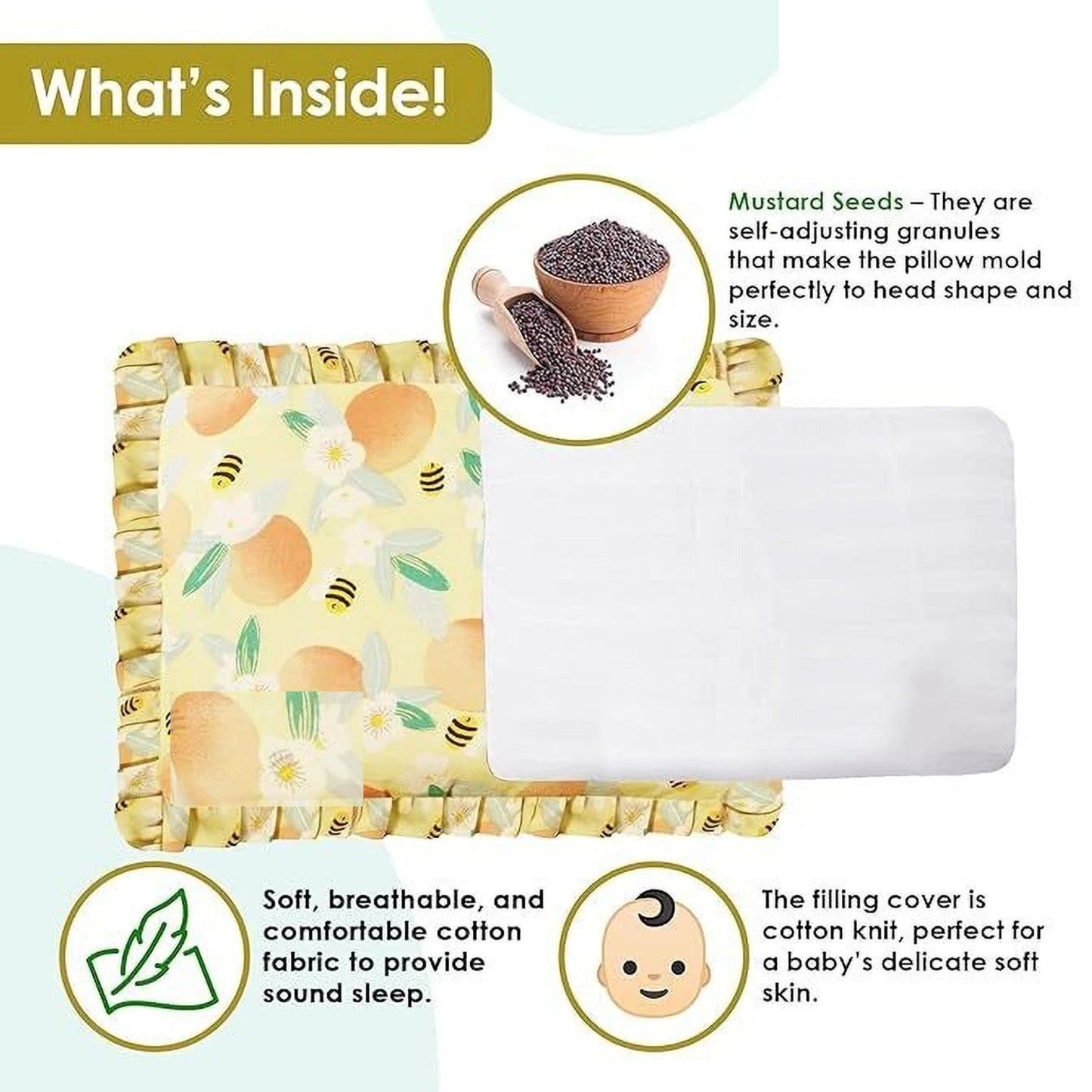 Yellow Floral and Bee Print Cotton Mustard Seed Baby Pillow with Ruffled Border