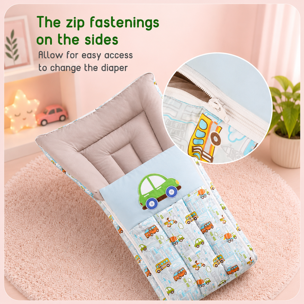 Green Car Print Baby Carry Nest Portable Baby Bed & Sleeping Bag