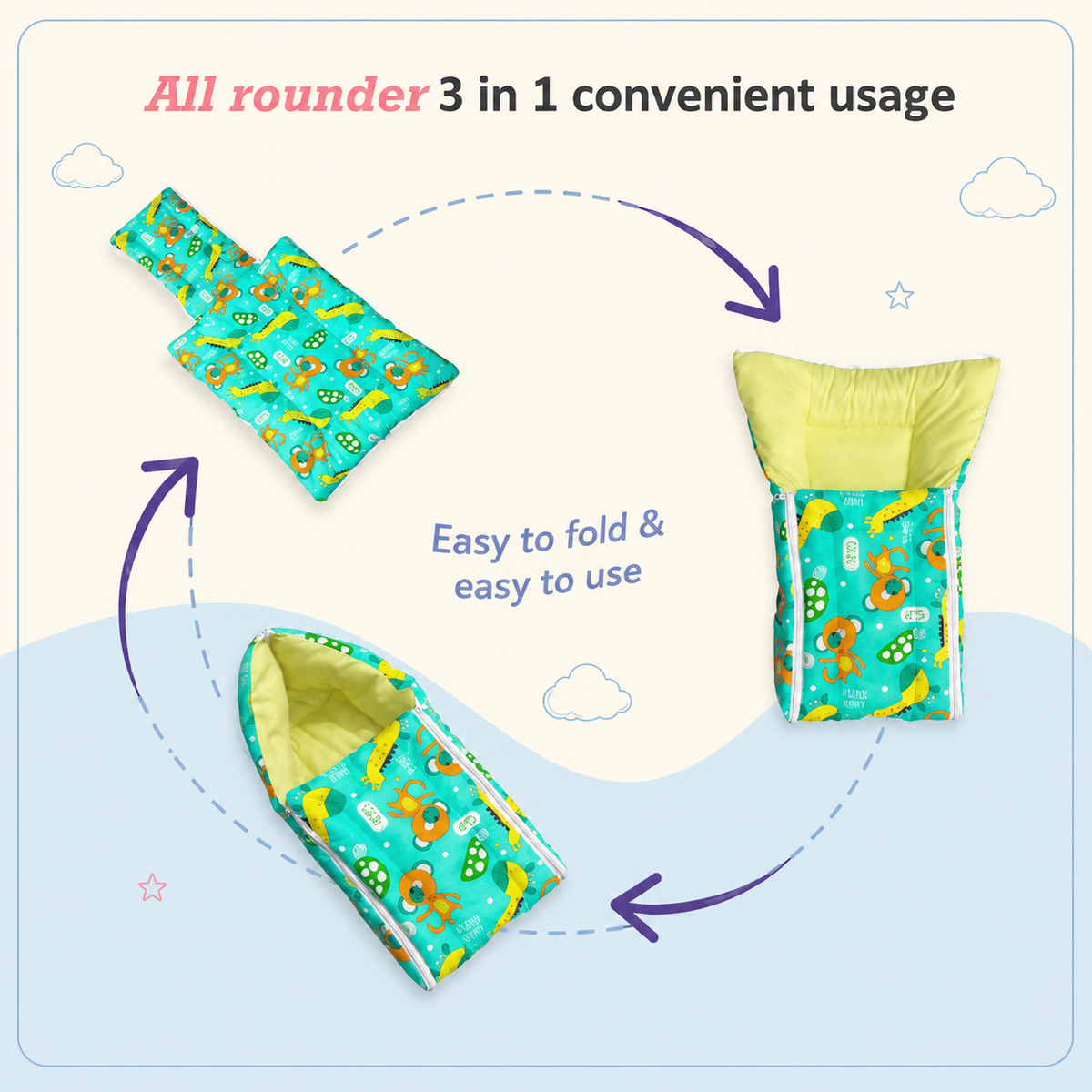 Turquoise Dinosaur Print Baby Carry Nest Soft Padded Baby Sleeping