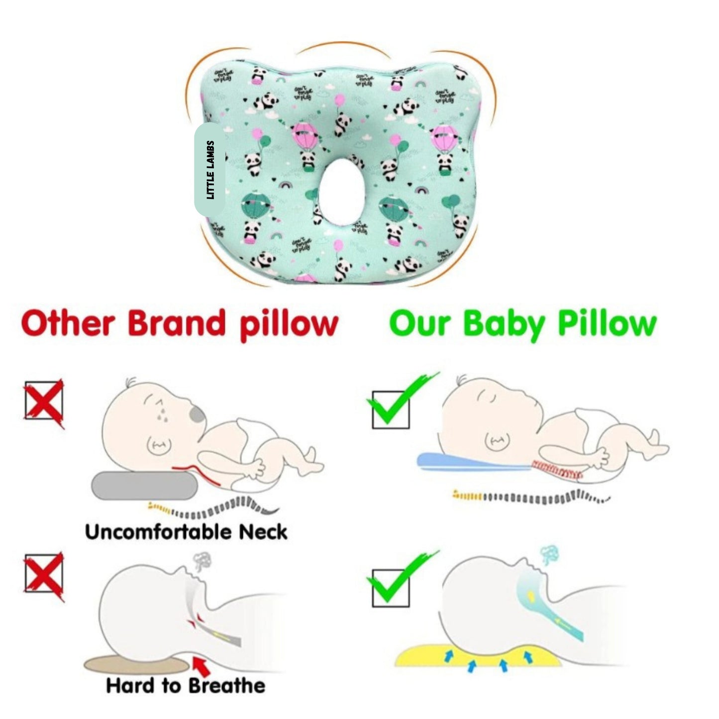 Mint Green Panda and Hot Air Balloon Print Memory Foam Cotton Baby Pillow