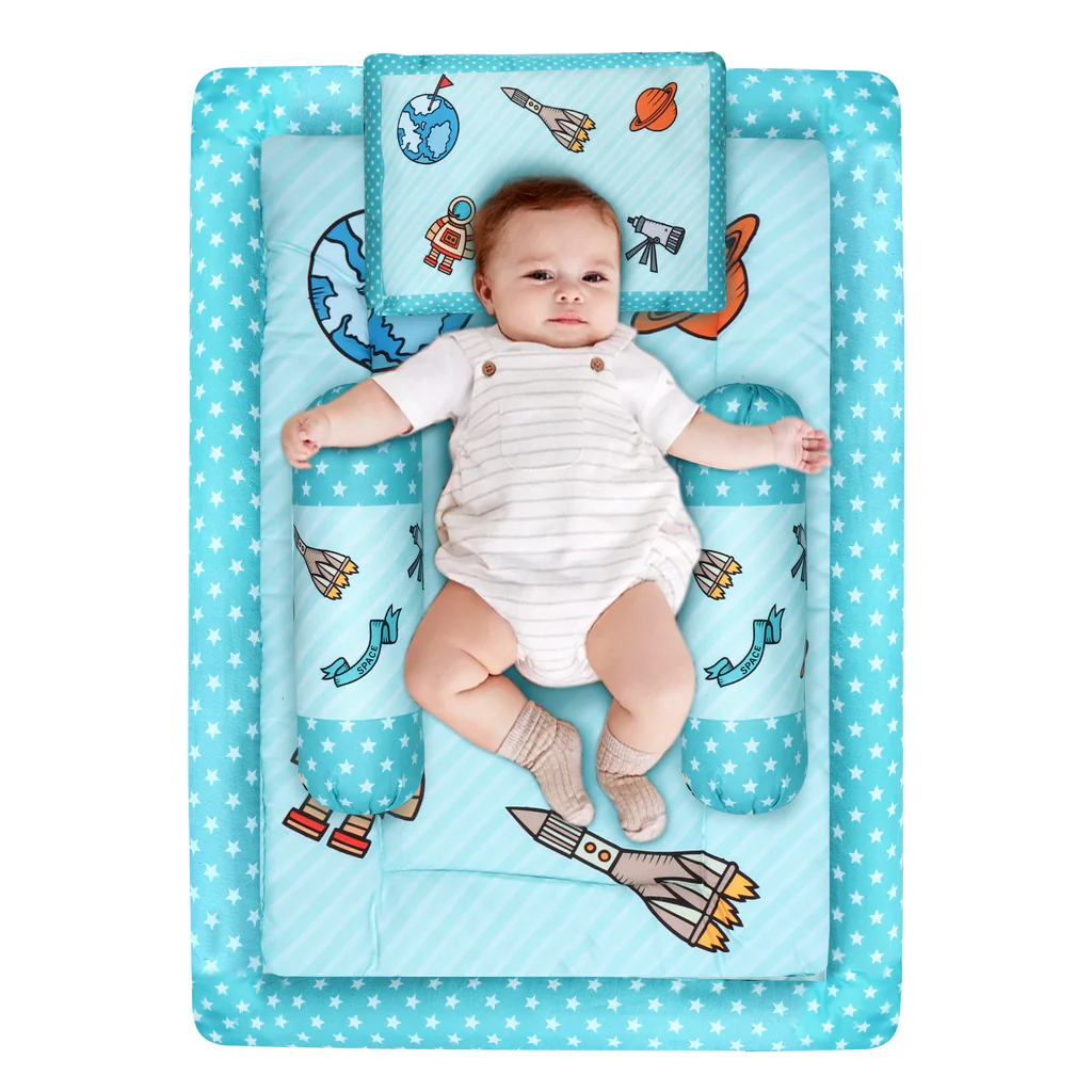 Aqua Blue and Light Blue Cotton Baby Bedding Set with Pillow and Bolsters