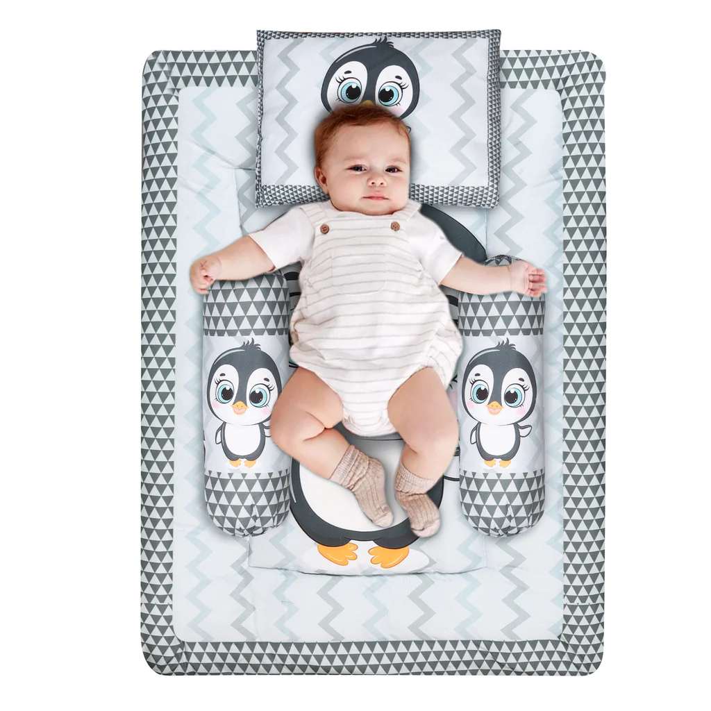 Grey and White Cotton Baby Bedding Set with Pillow and Bolsters