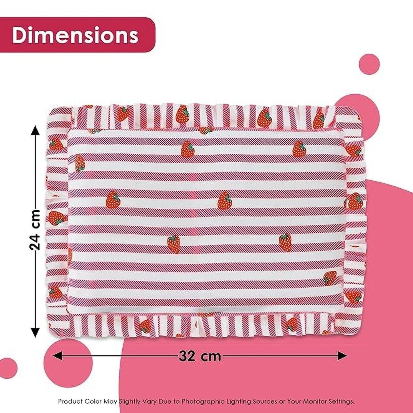 Red Strawberry and Stripe Print Cotton Mustard Seed Baby Pillow with Ruffled Border