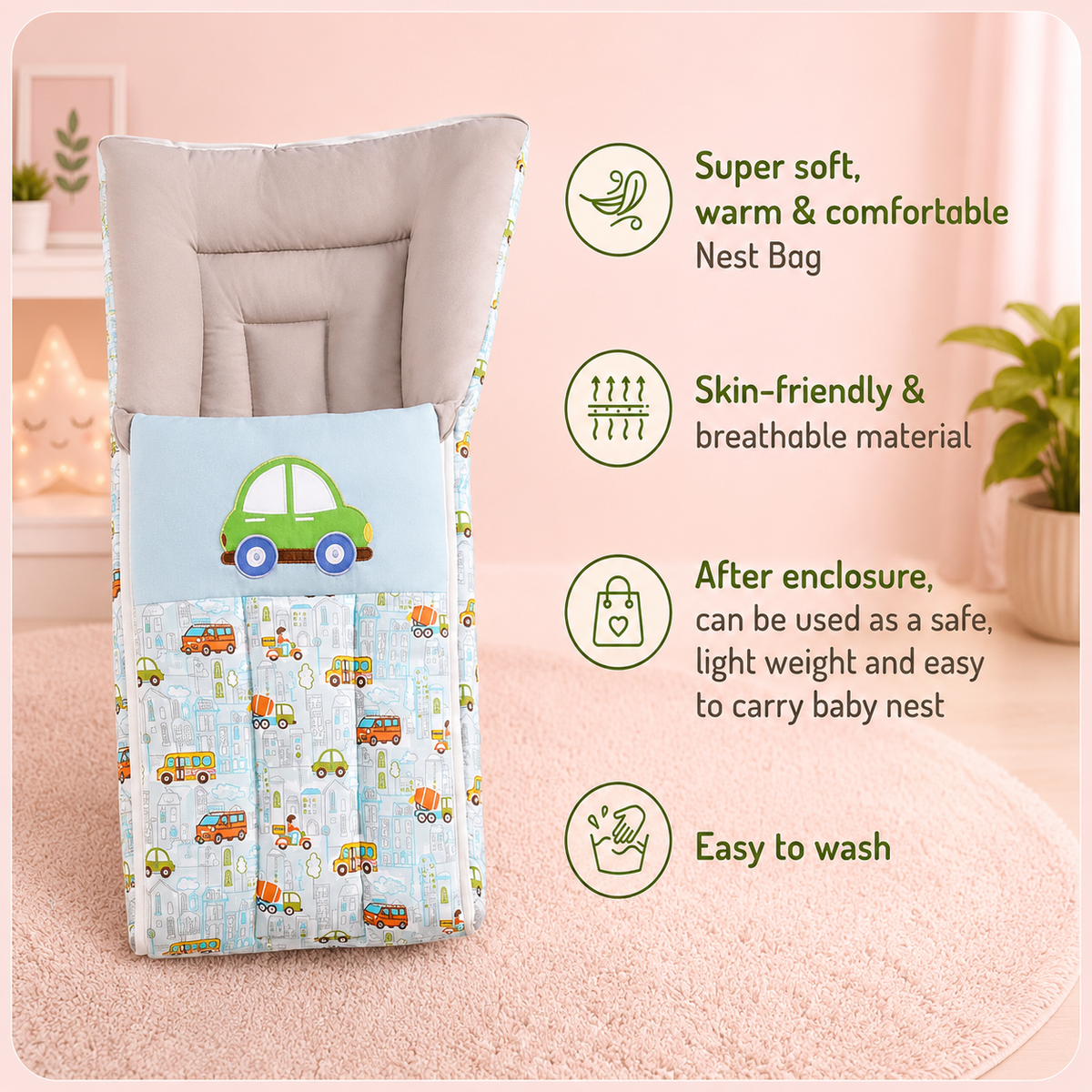 Green Car Print Baby Carry Nest Portable Baby Bed & Sleeping Bag