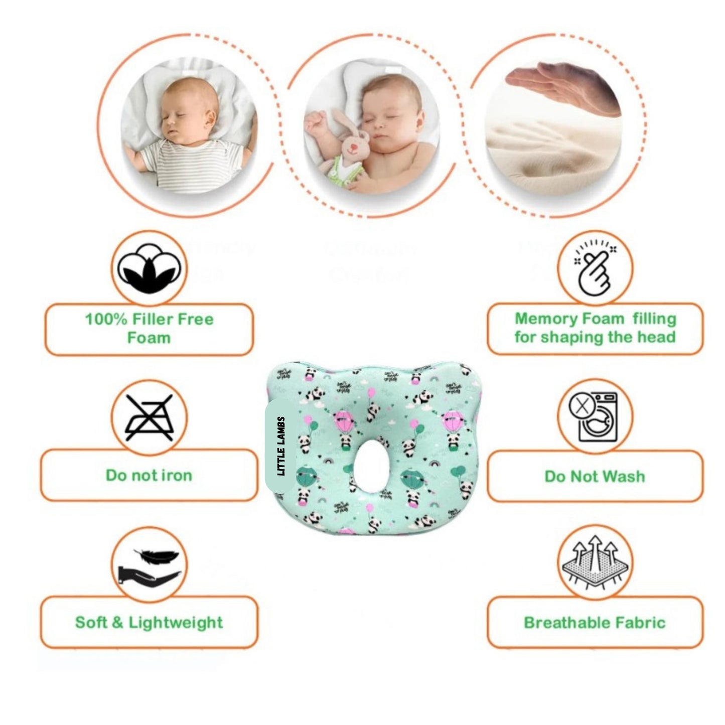 Mint Green Panda and Hot Air Balloon Print Memory Foam Cotton Baby Pillow