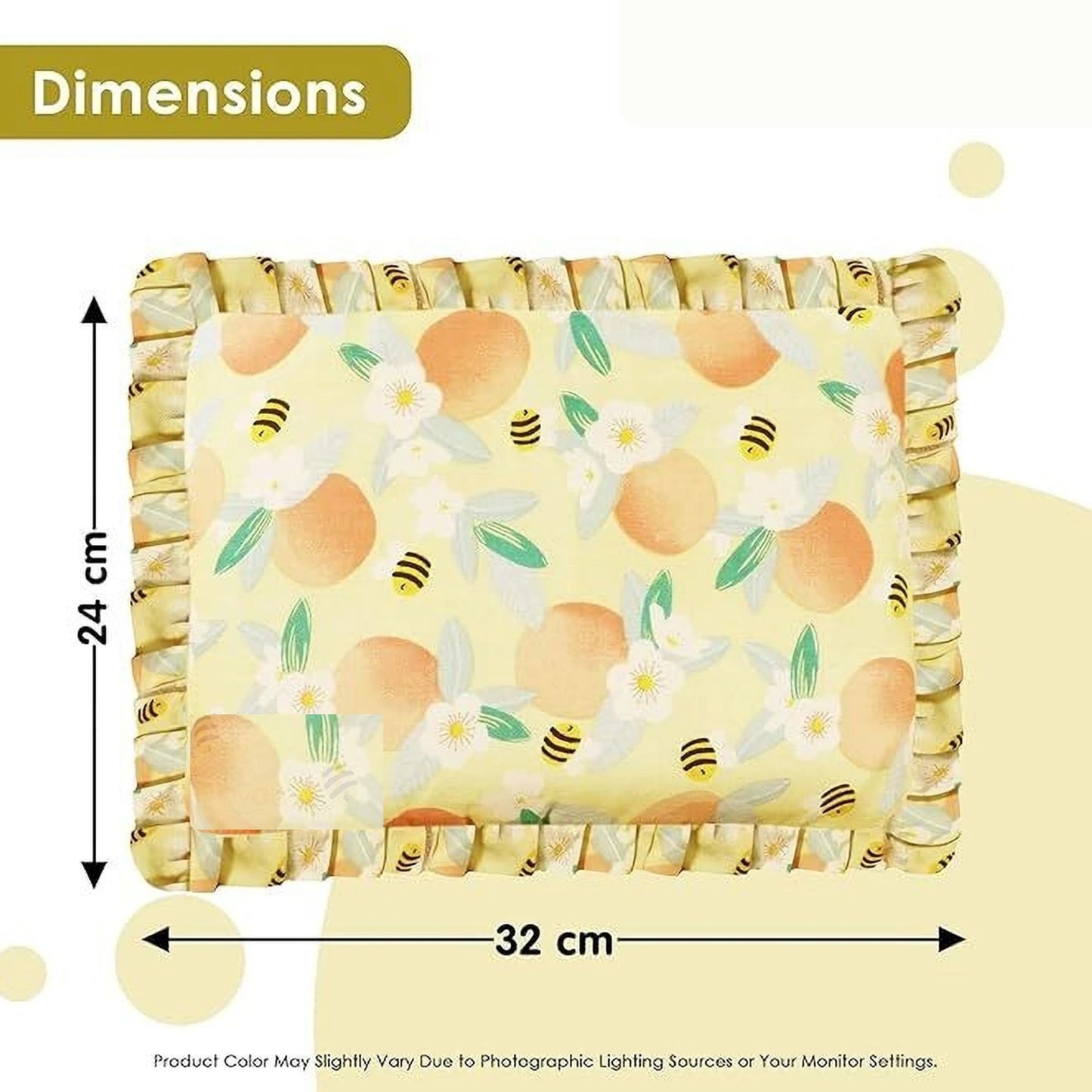Yellow Floral and Bee Print Cotton Mustard Seed Baby Pillow with Ruffled Border
