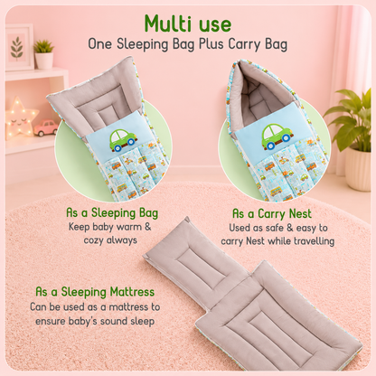 Green Car Print Baby Carry Nest Portable Baby Bed & Sleeping Bag