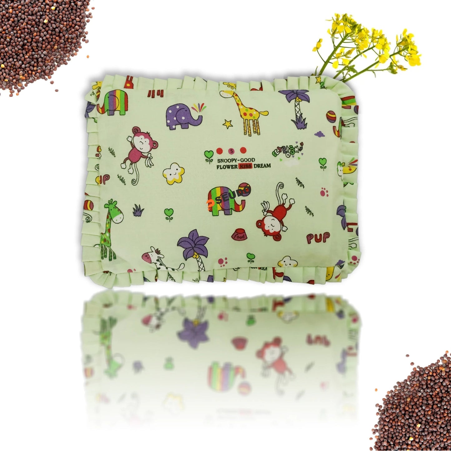 Sage Green Jungle Animal Print Cotton Mustard Seed Baby Pillow with Ruffled Border