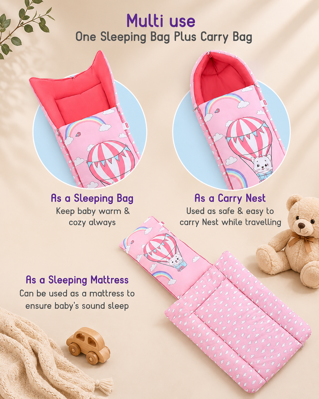 Pink Rainbow Cat Print Soft Padded Baby Sleeping Carry Nest