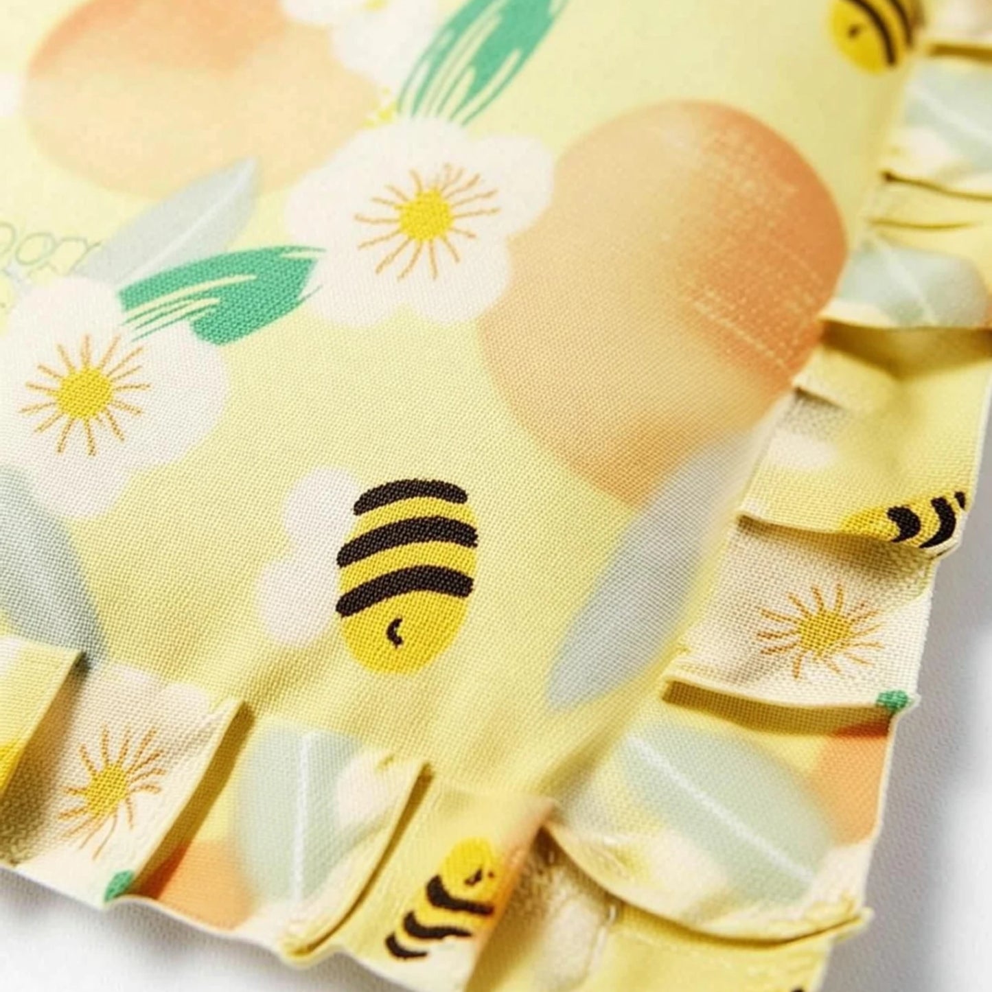 Yellow Floral and Bee Print Cotton Mustard Seed Baby Pillow with Ruffled Border