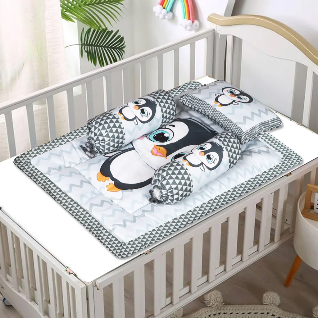 Grey and White Cotton Baby Bedding Set with Pillow and Bolsters