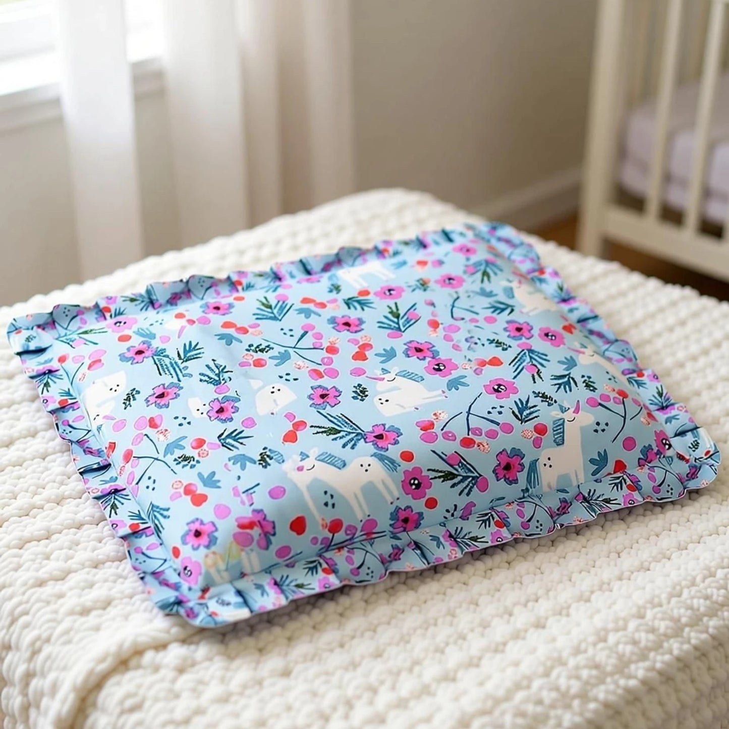 Blue Unicorn Cotton Floral Print Mustard Seed Baby Pillow with Ruffled Border
