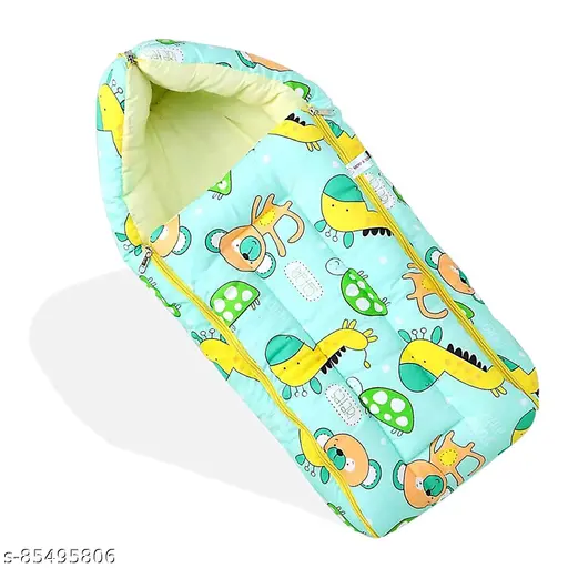 Aqua Blue and Pale Yellow Cotton Baby Sleeping Bag with Hood and Zip
