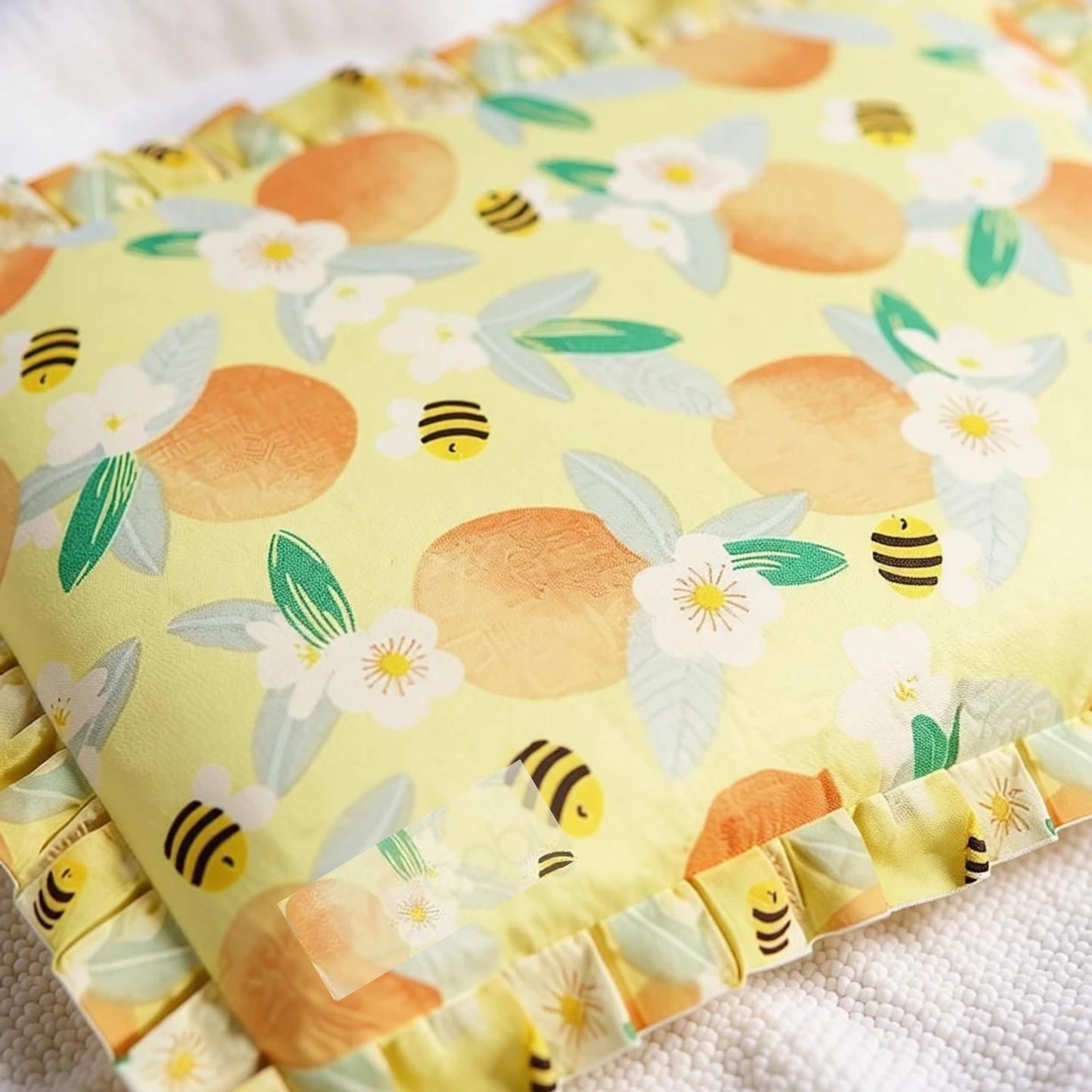 Yellow Floral and Bee Print Cotton Mustard Seed Baby Pillow with Ruffled Border