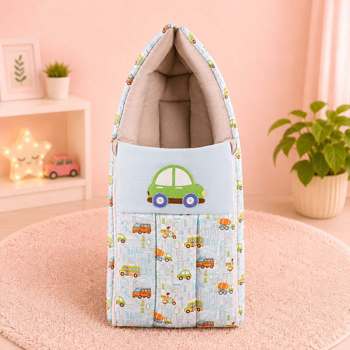 Green Car Print Baby Carry Nest Portable Baby Bed & Sleeping Bag
